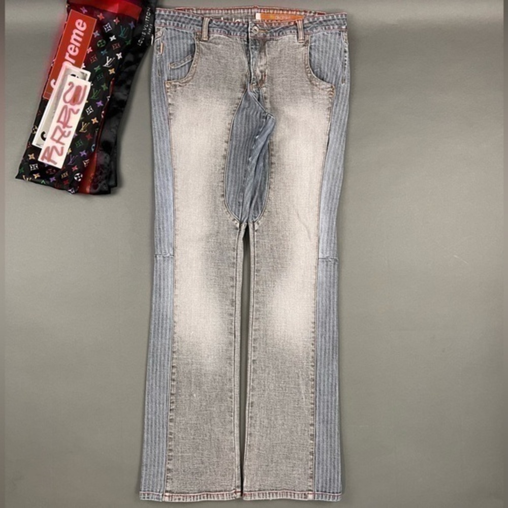 Akademiks 90s Flared Jeans Cut Sew Pinstripe Paneled Denim 💨